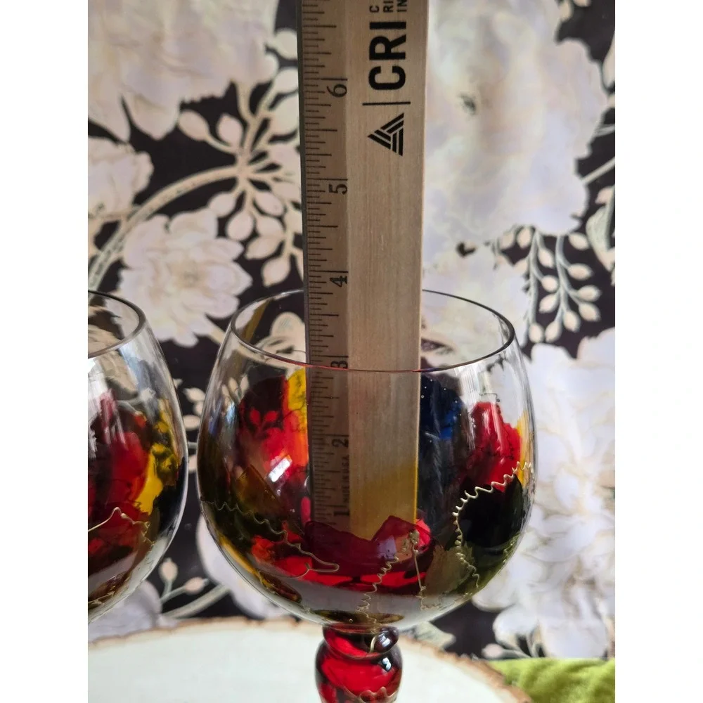 Euroglass‎ Stemware Hand Painted Abstract Wine Glasses Red Blue Yellow Gold Pair